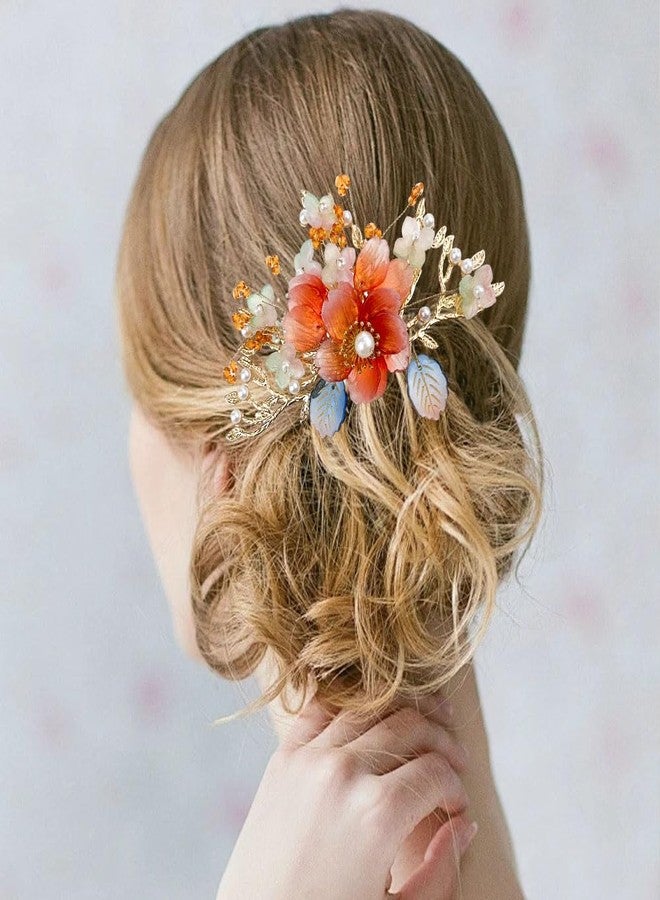Jaczora 5PCS Traditional Chinese Hanfu Hair Accessories, Floral Pearl Crystal Hairpin Set with Tassel, Orange Flower Wedding Headpiece - Image 5